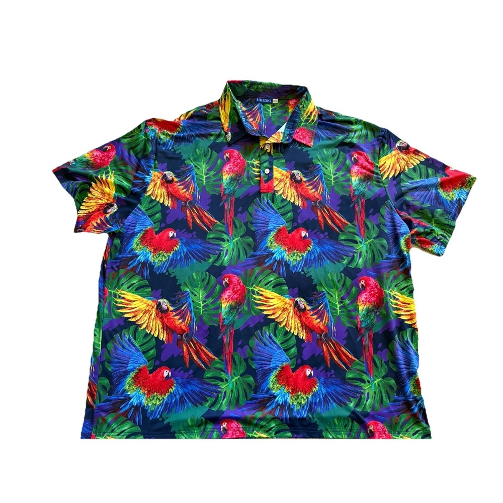 Hreski Golf Polo Short Vibrant Tropical Parrot & Monstera Leaf Size 3XL